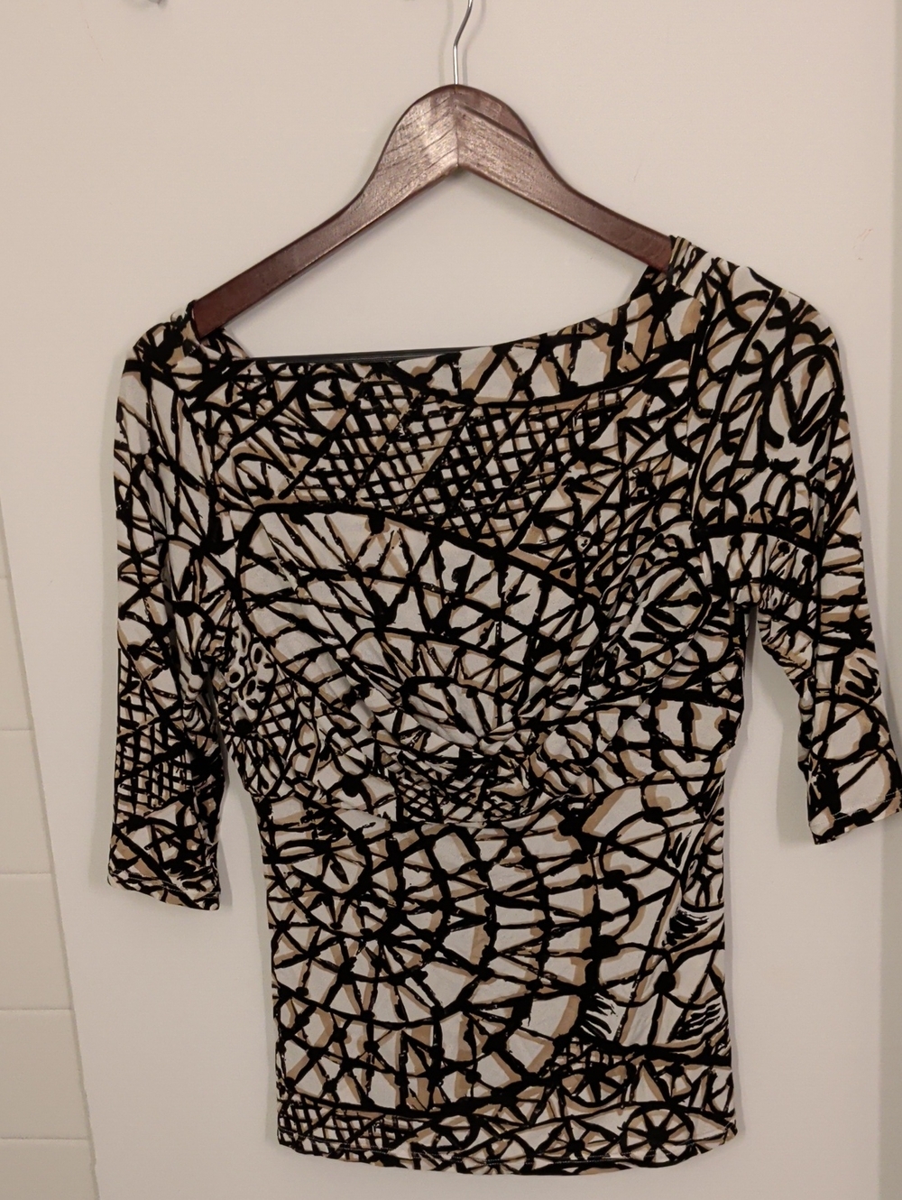 MaxMara Black and Cream Long Sleeve Boatneck Patterned Top